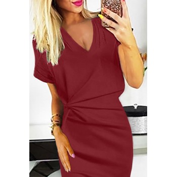 Blue V Neck Cutout Inverted Pleat Bodycon Dress Red